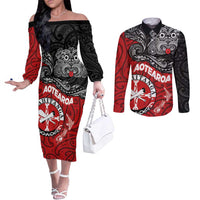 Maori Kotahitanga Couples Matching Off The Shoulder Long Sleeve Dress and Long Sleeve Button Shirt Aotearoa Spirit with Maori Mask and Polynesian Art Tattoo