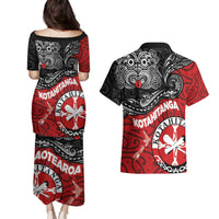 Maori Kotahitanga Couples Matching Puletasi and Hawaiian Shirt Aotearoa Spirit with Maori Mask and Polynesian Art Tattoo