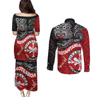Maori Kotahitanga Couples Matching Puletasi and Long Sleeve Button Shirt Aotearoa Spirit with Maori Mask and Polynesian Art Tattoo