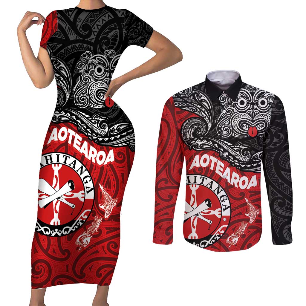 Maori Kotahitanga Couples Matching Short Sleeve Bodycon Dress and Long Sleeve Button Shirt Aotearoa Spirit with Maori Mask and Polynesian Art Tattoo
