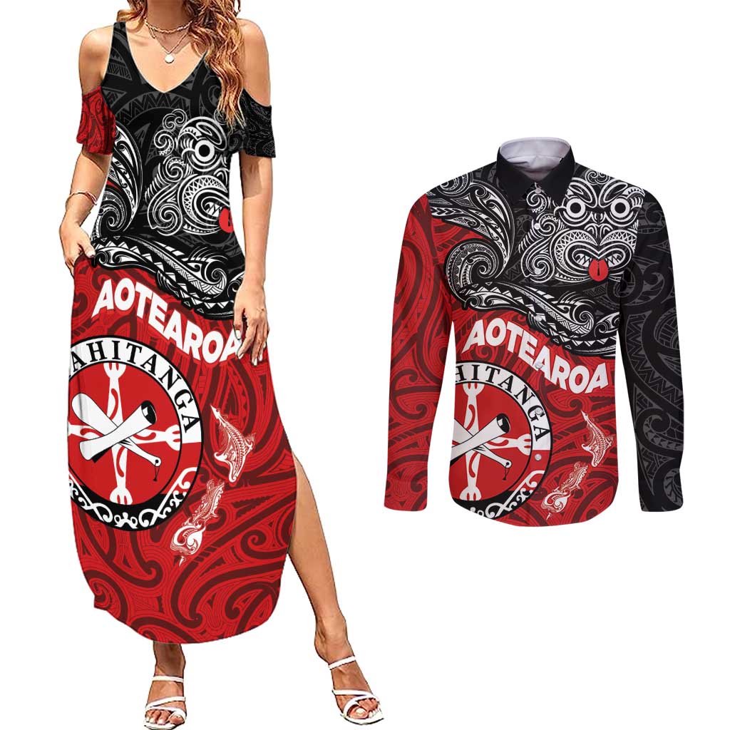 Maori Kotahitanga Couples Matching Summer Maxi Dress and Long Sleeve Button Shirt Aotearoa Spirit with Maori Mask and Polynesian Art Tattoo