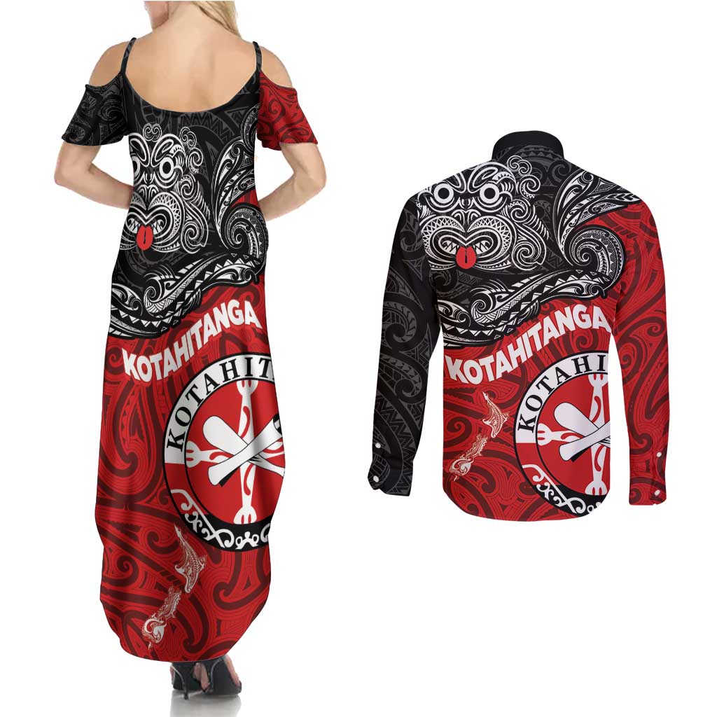 Maori Kotahitanga Couples Matching Summer Maxi Dress and Long Sleeve Button Shirt Aotearoa Spirit with Maori Mask and Polynesian Art Tattoo