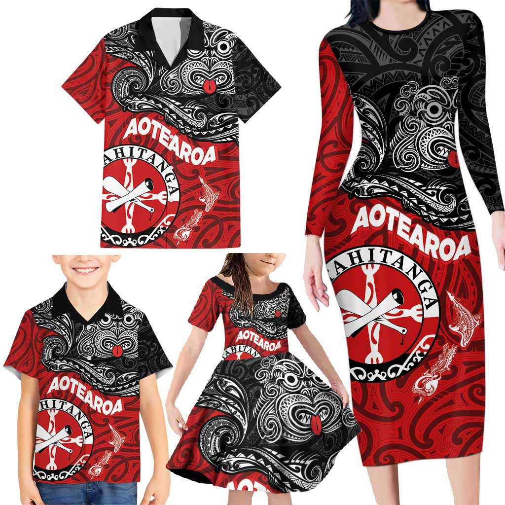 Maori Kotahitanga Family Matching Long Sleeve Bodycon Dress and Hawaiian Shirt Aotearoa Spirit with Maori Mask and Polynesian Art Tattoo