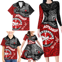 Maori Kotahitanga Family Matching Long Sleeve Bodycon Dress and Hawaiian Shirt Aotearoa Spirit with Maori Mask and Polynesian Art Tattoo