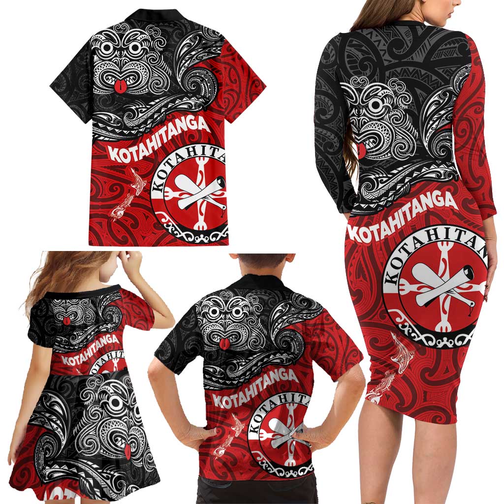 Maori Kotahitanga Family Matching Long Sleeve Bodycon Dress and Hawaiian Shirt Aotearoa Spirit with Maori Mask and Polynesian Art Tattoo