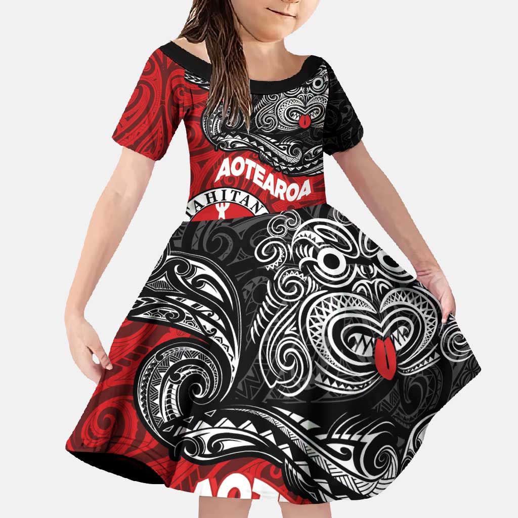 Maori Kotahitanga Family Matching Mermaid Dress and Hawaiian Shirt Aotearoa Spirit with Maori Mask and Polynesian Art Tattoo LT03 Daughter's Dress Red - Polynesian Pride