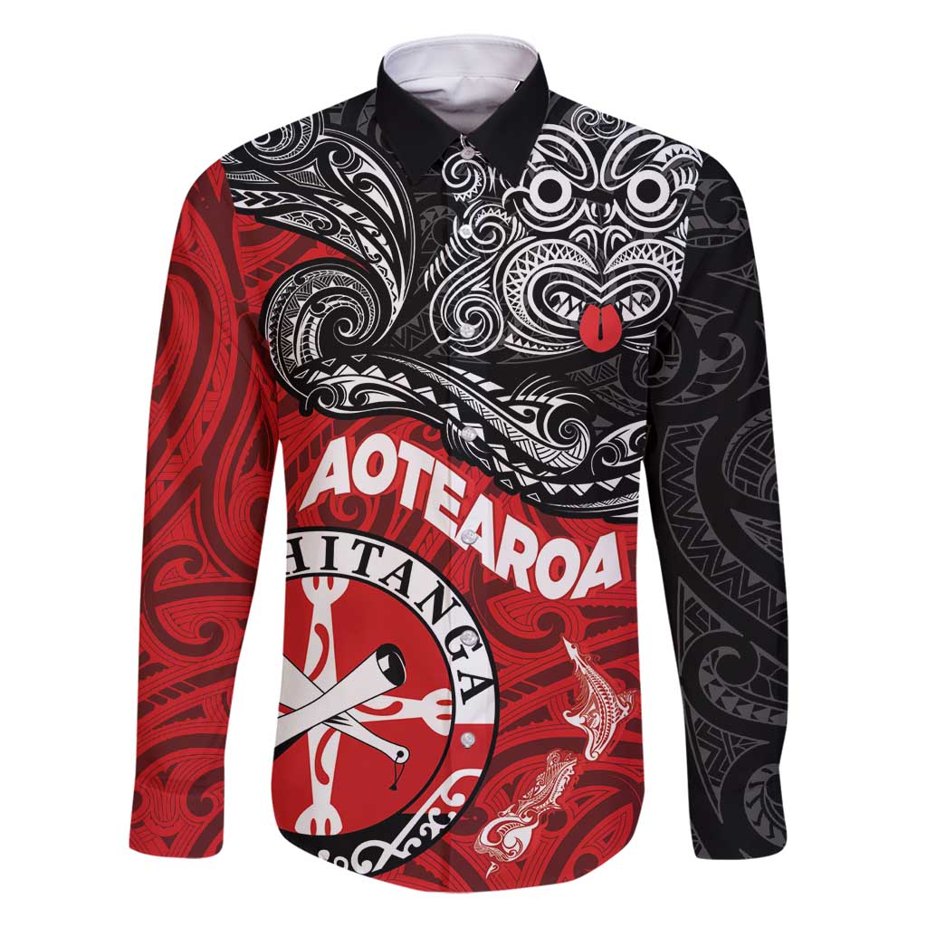 Maori Kotahitanga Family Matching Mermaid Dress and Hawaiian Shirt Aotearoa Spirit with Maori Mask and Polynesian Art Tattoo LT03 Dad's Shirt - Long Sleeve Red - Polynesian Pride