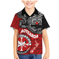 Maori Kotahitanga Family Matching Mermaid Dress and Hawaiian Shirt Aotearoa Spirit with Maori Mask and Polynesian Art Tattoo LT03 Son's Shirt Red - Polynesian Pride