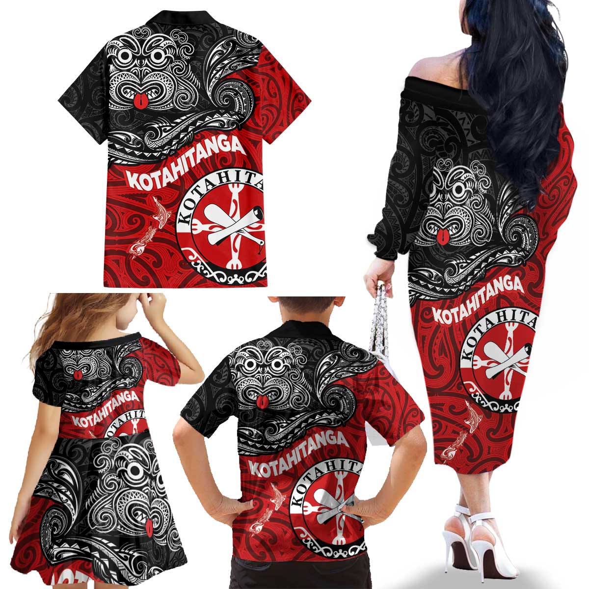 Maori Kotahitanga Family Matching Off The Shoulder Long Sleeve Dress and Hawaiian Shirt Aotearoa Spirit with Maori Mask and Polynesian Art Tattoo