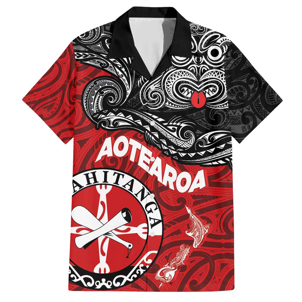 Maori Kotahitanga Family Matching Off Shoulder Short Dress and Hawaiian Shirt Aotearoa Spirit with Maori Mask and Polynesian Art Tattoo LT03 Dad's Shirt - Short Sleeve Red - Polynesian Pride
