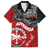 Maori Kotahitanga Family Matching Short Sleeve Bodycon Dress and Hawaiian Shirt Aotearoa Spirit with Maori Mask and Polynesian Art Tattoo LT03 Dad's Shirt - Short Sleeve Red - Polynesian Pride