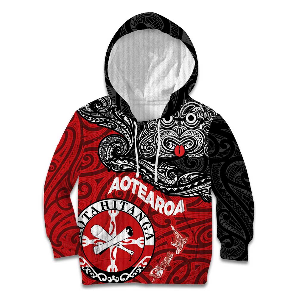 Maori Kotahitanga Kid Hoodie Aotearoa Spirit with Maori Mask and Polynesian Art Tattoo LT03 Hoodie Red - Polynesian Pride
