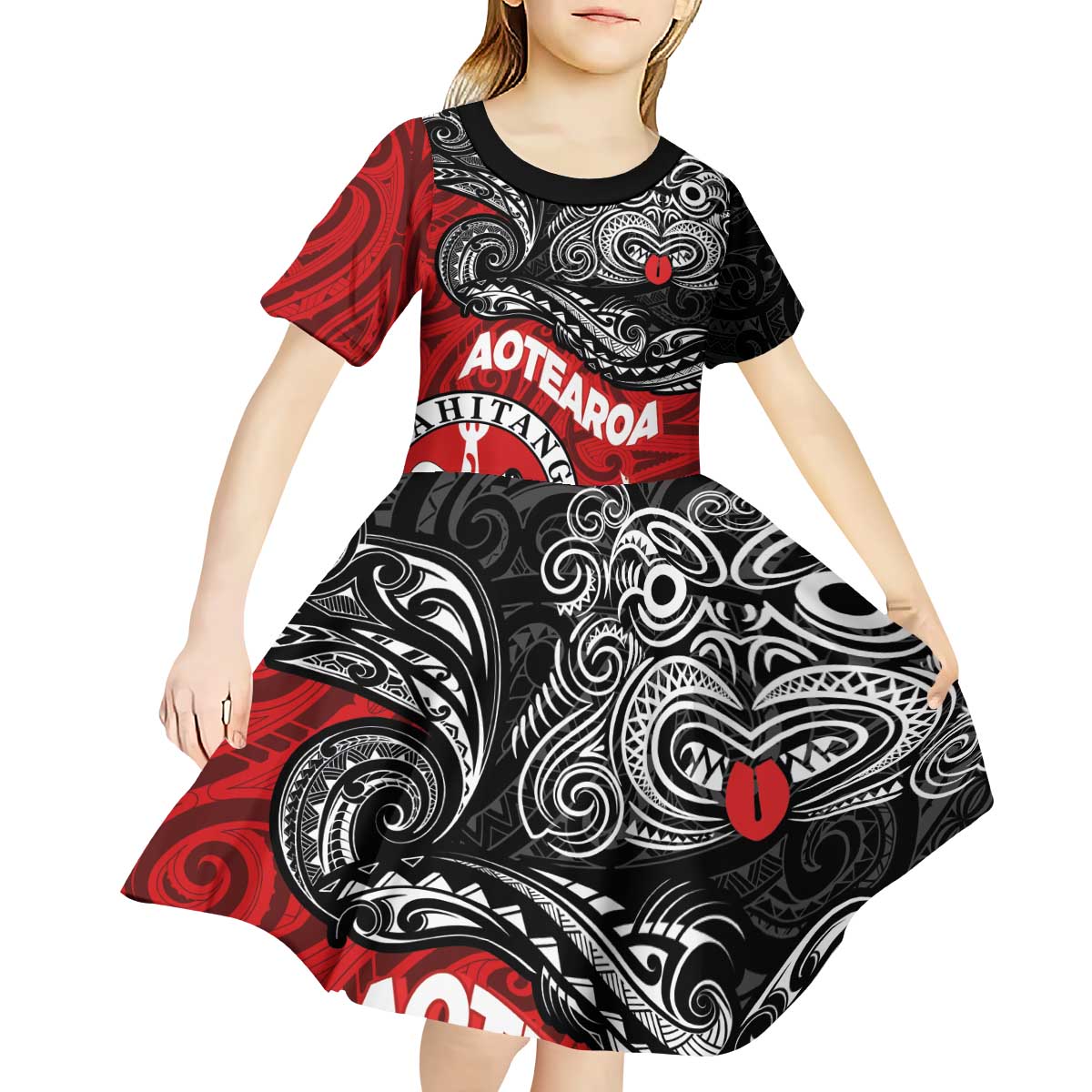 Maori Kotahitanga Kid Short Sleeve Dress Aotearoa Spirit with Maori Mask and Polynesian Art Tattoo