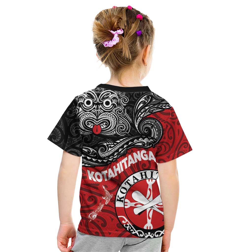 Maori Kotahitanga Kid T Shirt Aotearoa Spirit with Maori Mask and Polynesian Art Tattoo