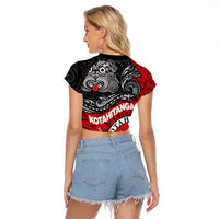 Maori Kotahitanga Raglan Cropped T Shirt Aotearoa Spirit with Maori Mask and Polynesian Art Tattoo