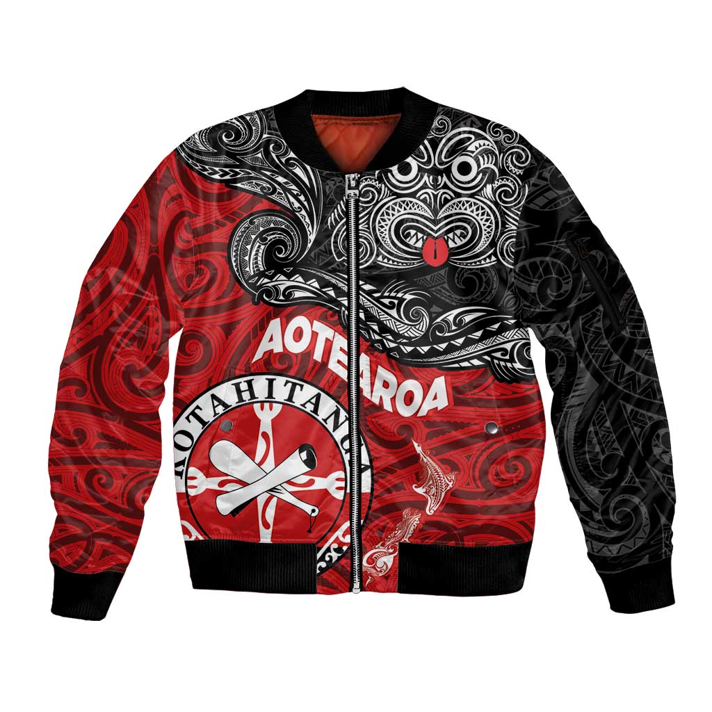 Maori Kotahitanga Sleeve Zip Bomber Jacket Aotearoa Spirit with Maori Mask and Polynesian Art Tattoo LT03 Unisex Red - Polynesian Pride