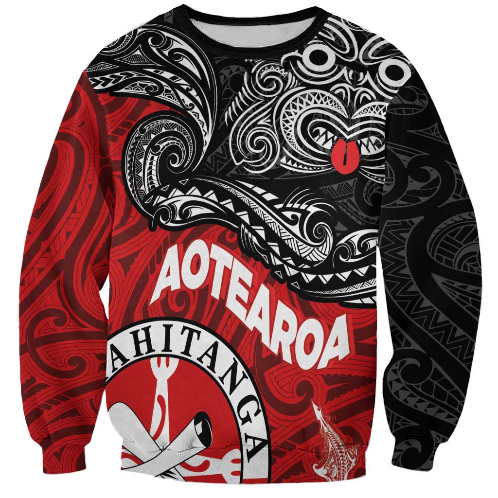 Maori Kotahitanga Sweatshirt Aotearoa Spirit with Maori Mask and Polynesian Art Tattoo