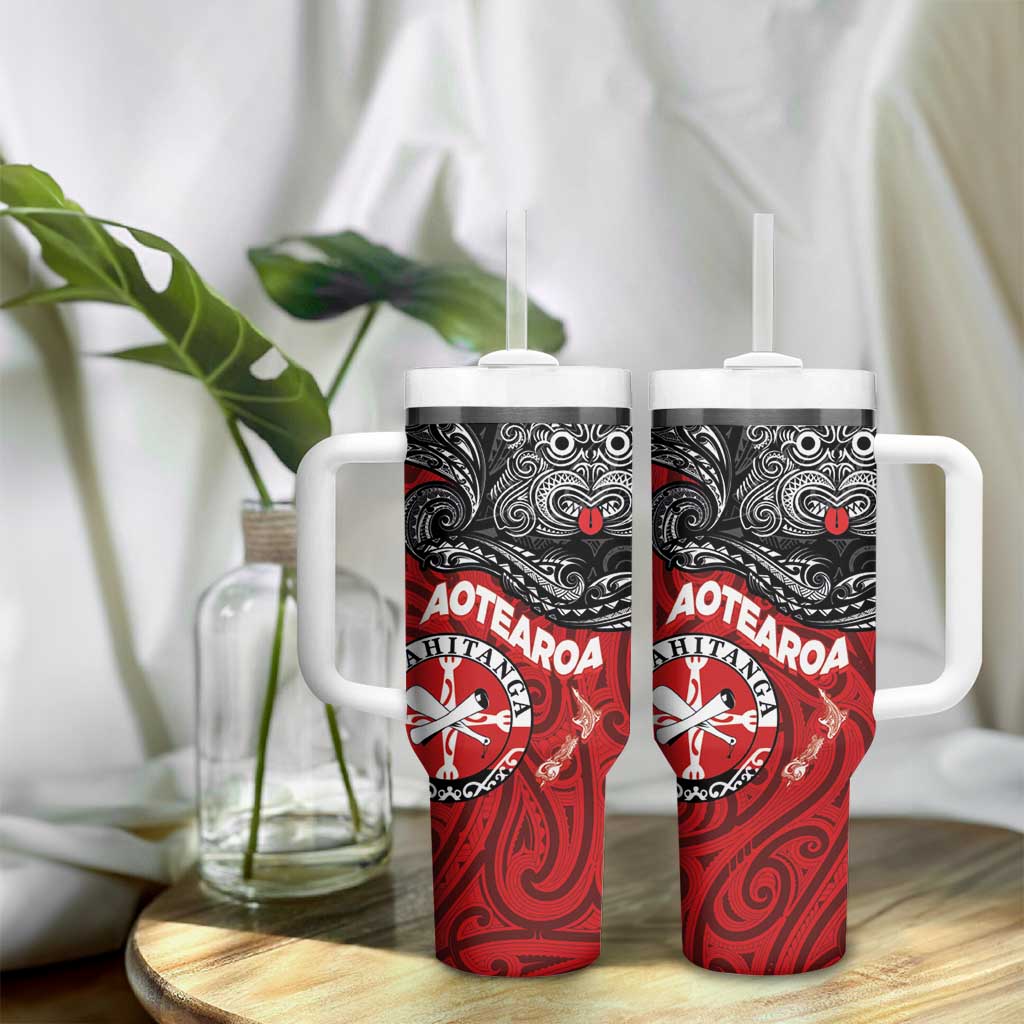 Maori Kotahitanga Tumbler With Handle Aotearoa Spirit with Maori Mask and Polynesian Art Tattoo LT03