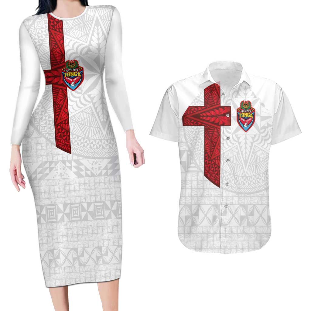 Custom Tonga Ngatu Art Rugby Mate Ma'a Couples Matching Long Sleeve Bodycon Dress and Hawaiian Shirt - Polynesian Pride