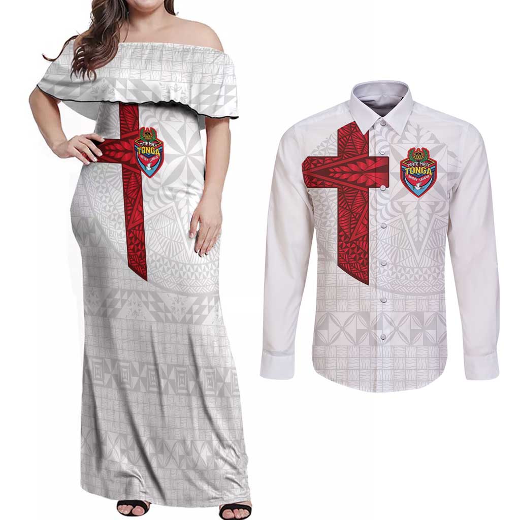 Custom Tonga Ngatu Art Rugby Mate Ma'a Couples Matching Off Shoulder Maxi Dress and Long Sleeve Button Shirt - Polynesian Pride