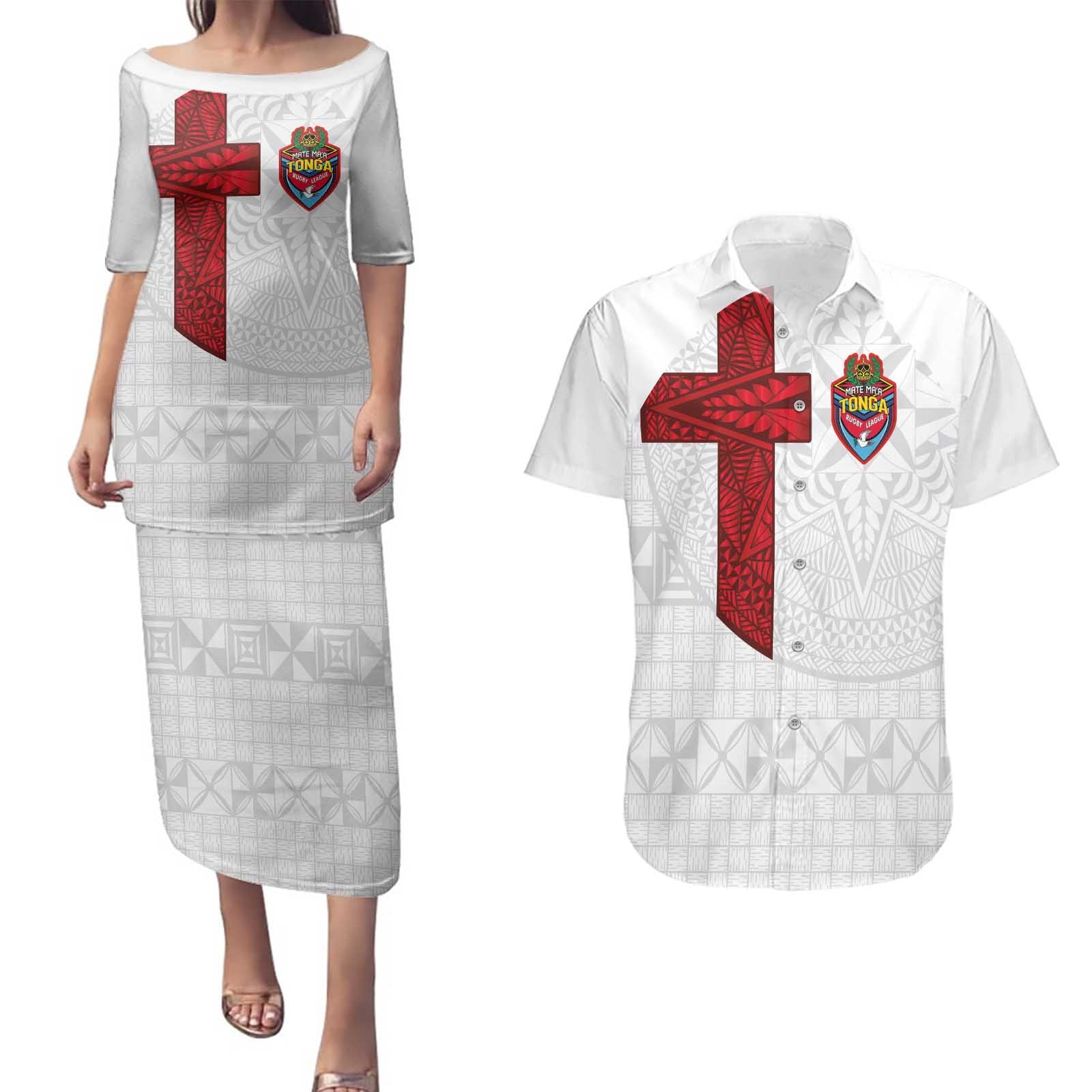 Custom Tonga Ngatu Art Rugby Mate Ma'a Couples Matching Puletasi and Hawaiian Shirt - Polynesian Pride