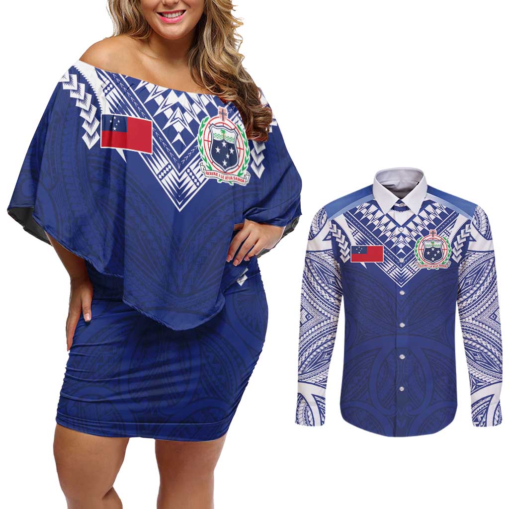 Custom Samoa Rugby Couples Matching Off Shoulder Short Dress and Long Sleeve Button Shirt Pacific Motifs - Polynesian Pride