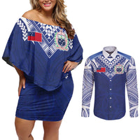 Custom Samoa Rugby Couples Matching Off Shoulder Short Dress and Long Sleeve Button Shirt Pacific Motifs - Polynesian Pride