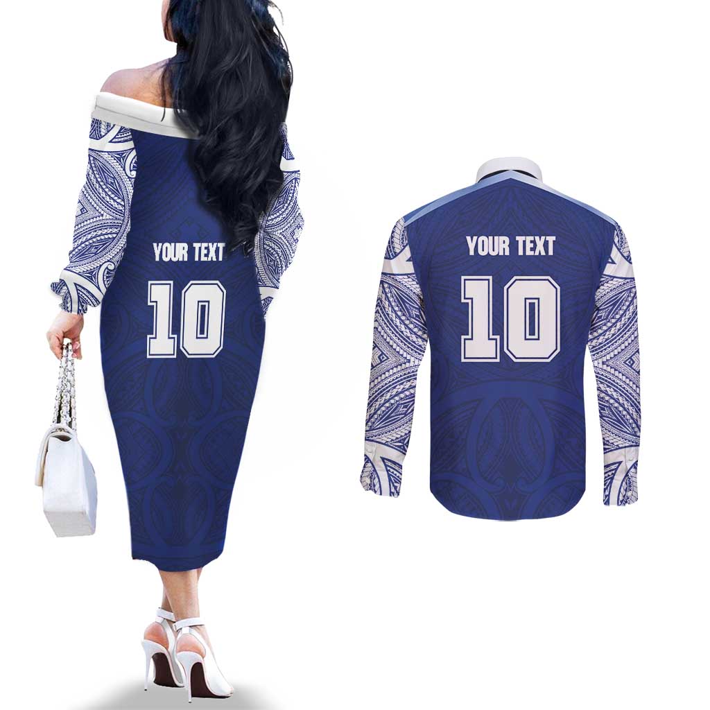 Custom Samoa Rugby Couples Matching Off The Shoulder Long Sleeve Dress and Long Sleeve Button Shirt Pacific Motifs - Polynesian Pride