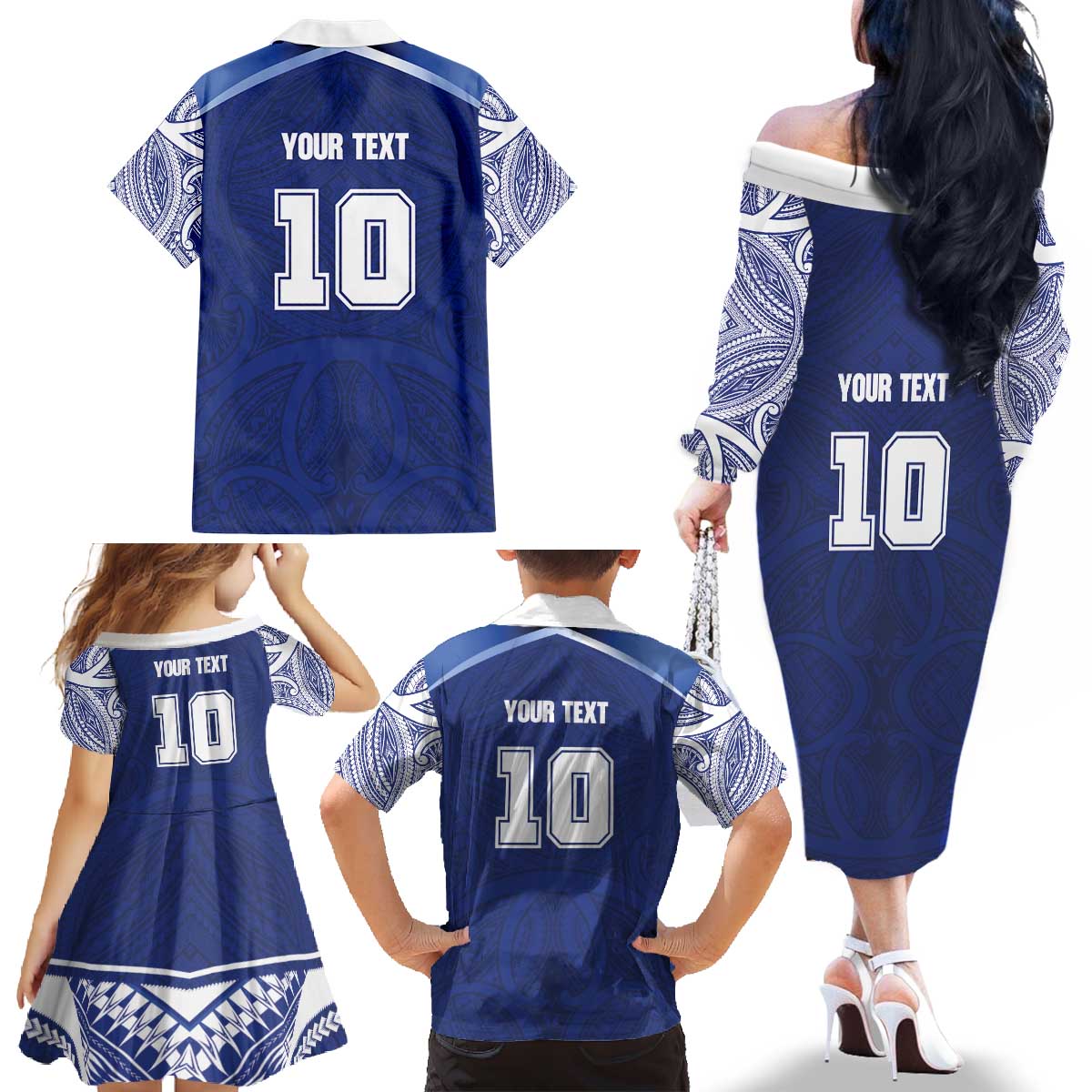 Custom Samoa Rugby Family Matching Off The Shoulder Long Sleeve Dress and Hawaiian Shirt Pacific Motifs - Polynesian Pride