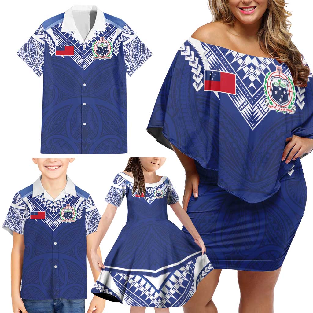 Custom Samoa Rugby Family Matching Off Shoulder Short Dress and Hawaiian Shirt Pacific Motifs - Polynesian Pride