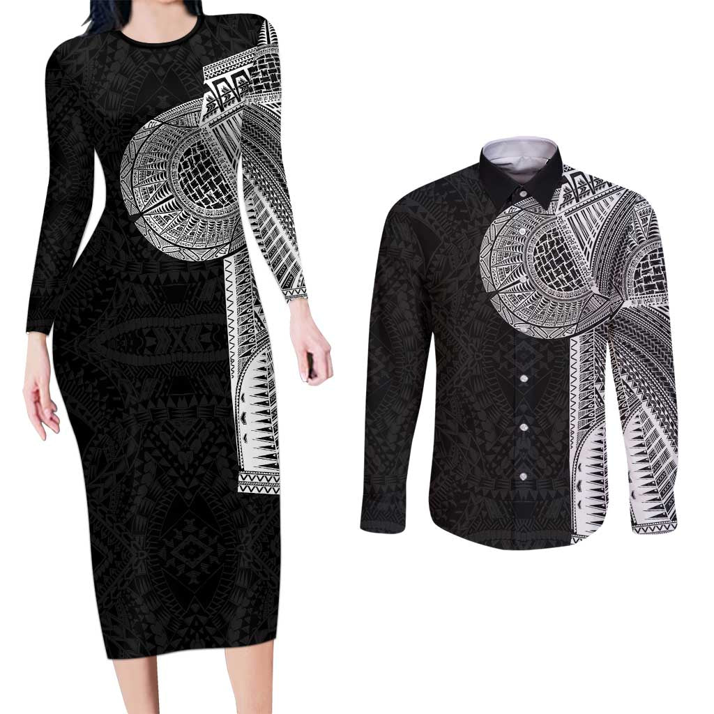 Samoan Tatau Couples Matching Long Sleeve Bodycon Dress and Long Sleeve Button Shirt Art Tribal Traditional Tattoos - Polynesian Pride