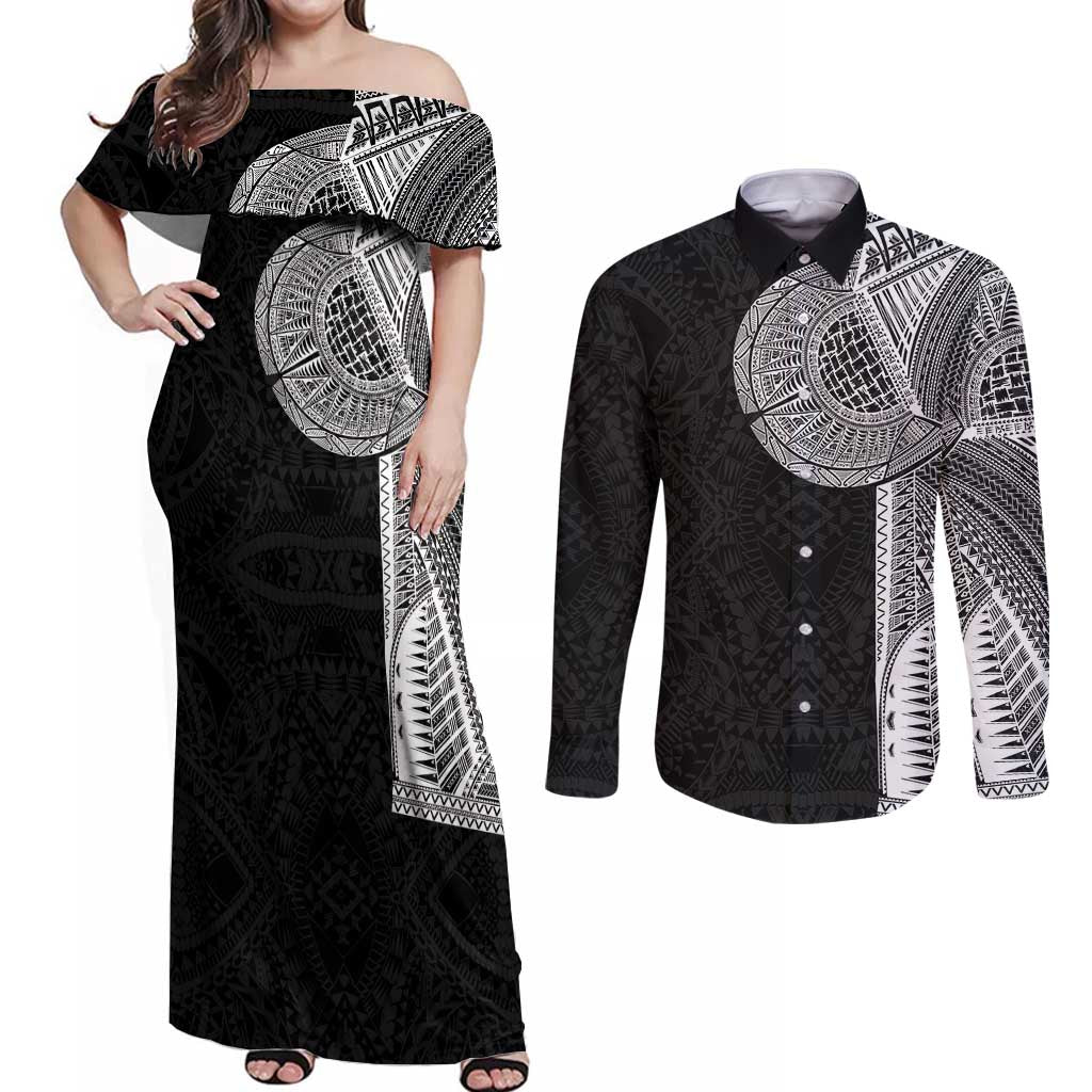 Samoan Tatau Couples Matching Off Shoulder Maxi Dress and Long Sleeve Button Shirt Art Tribal Traditional Tattoos - Polynesian Pride