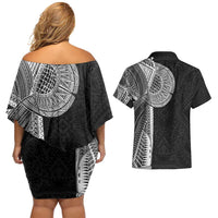 Samoan Tatau Couples Matching Off Shoulder Short Dress and Hawaiian Shirt Art Tribal Traditional Tattoos - Polynesian Pride