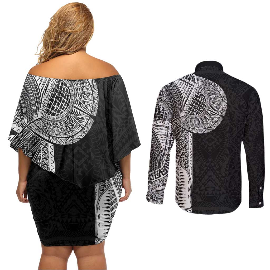Samoan Tatau Couples Matching Off Shoulder Short Dress and Long Sleeve Button Shirt Art Tribal Traditional Tattoos - Polynesian Pride