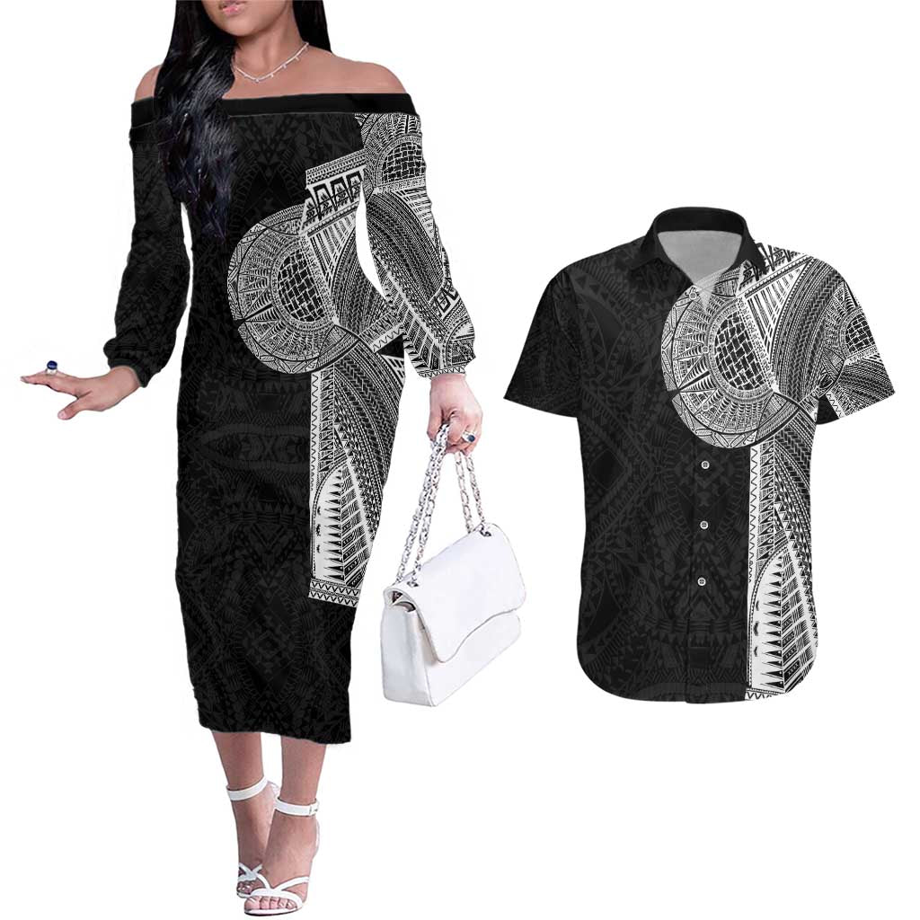 Samoan Tatau Couples Matching Off The Shoulder Long Sleeve Dress and Hawaiian Shirt Art Tribal Traditional Tattoos - Polynesian Pride