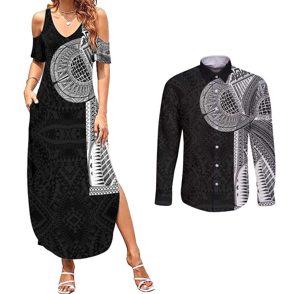 Samoan Tatau Couples Matching Summer Maxi Dress and Long Sleeve Button Shirt Art Tribal Traditional Tattoos - Polynesian Pride