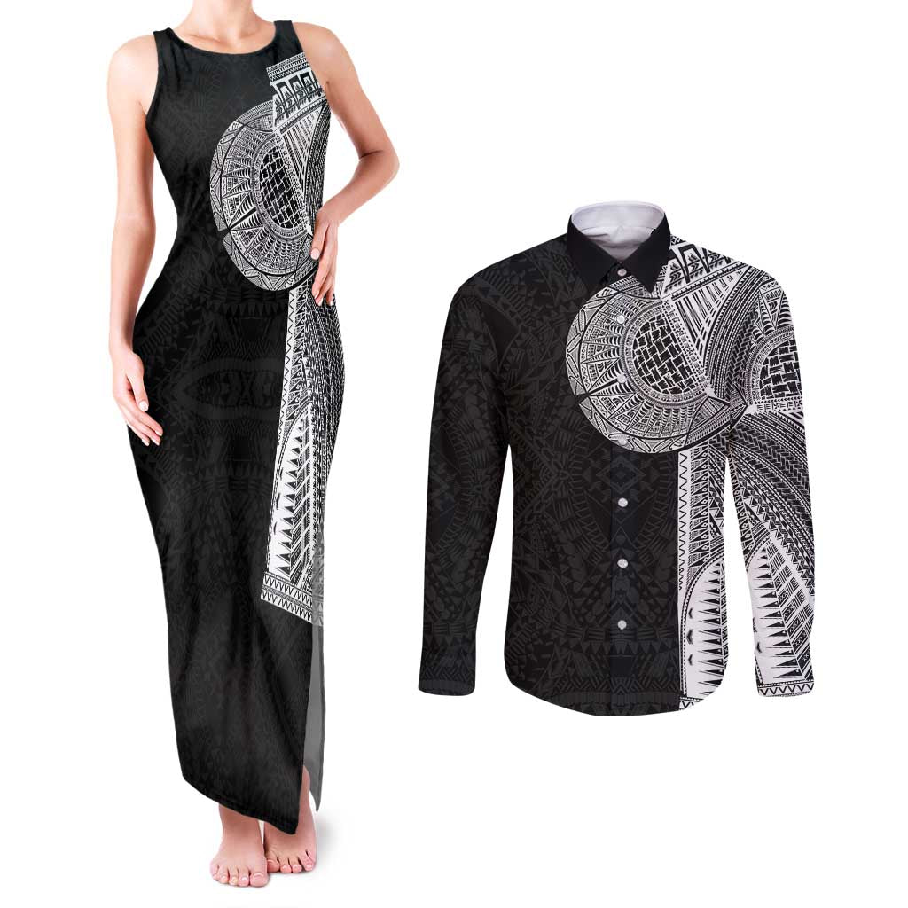 Samoan Tatau Couples Matching Tank Maxi Dress and Long Sleeve Button Shirt Art Tribal Traditional Tattoos - Polynesian Pride