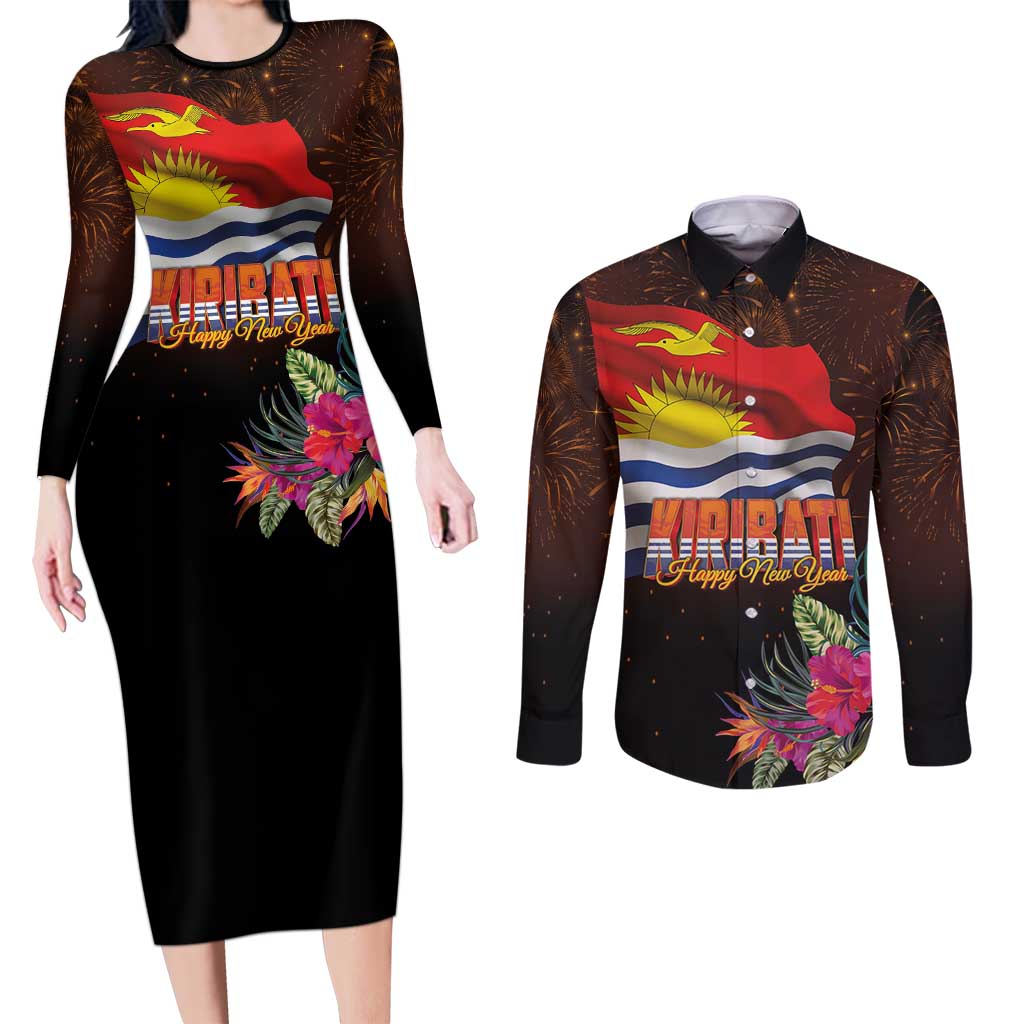 Kiribati Flag and Fireworks Couples Matching Long Sleeve Bodycon Dress and Long Sleeve Button Shirt First Place Welcome the New Year - Polynesian Pride