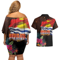 Kiribati Flag and Fireworks Couples Matching Off Shoulder Short Dress and Hawaiian Shirt First Place Welcome the New Year - Polynesian Pride