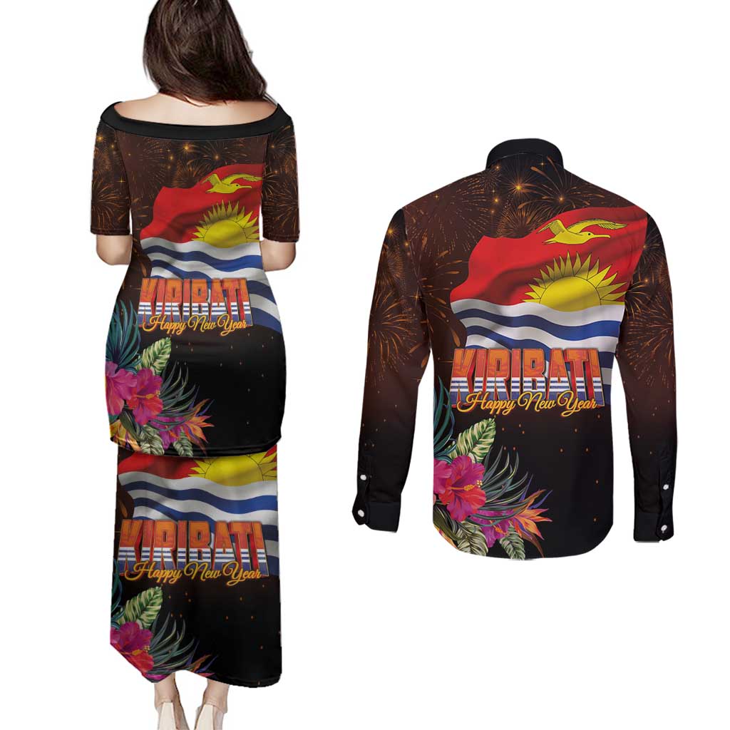 Kiribati Flag and Fireworks Couples Matching Puletasi and Long Sleeve Button Shirt First Place Welcome the New Year - Polynesian Pride