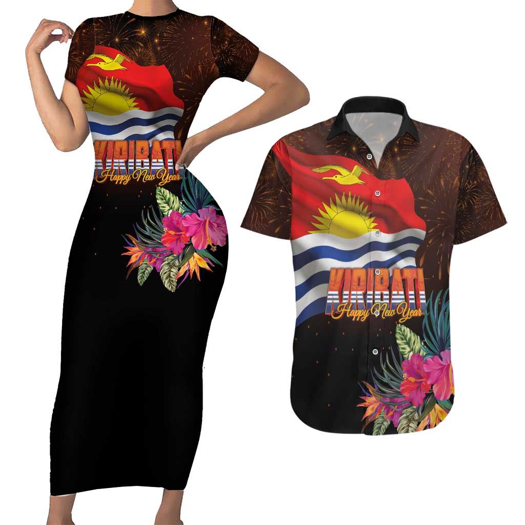 Kiribati Flag and Fireworks Couples Matching Short Sleeve Bodycon Dress and Hawaiian Shirt First Place Welcome the New Year - Polynesian Pride