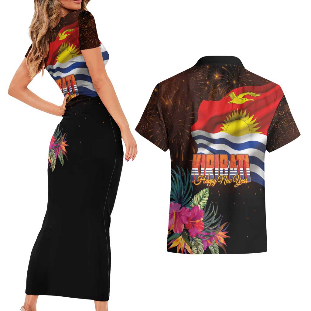 Kiribati Flag and Fireworks Couples Matching Short Sleeve Bodycon Dress and Hawaiian Shirt First Place Welcome the New Year - Polynesian Pride