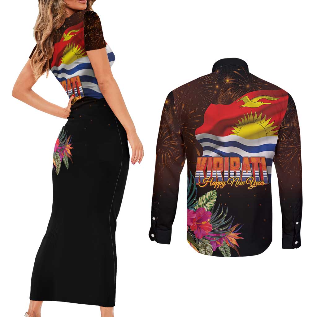 Kiribati Flag and Fireworks Couples Matching Short Sleeve Bodycon Dress and Long Sleeve Button Shirt First Place Welcome the New Year - Polynesian Pride