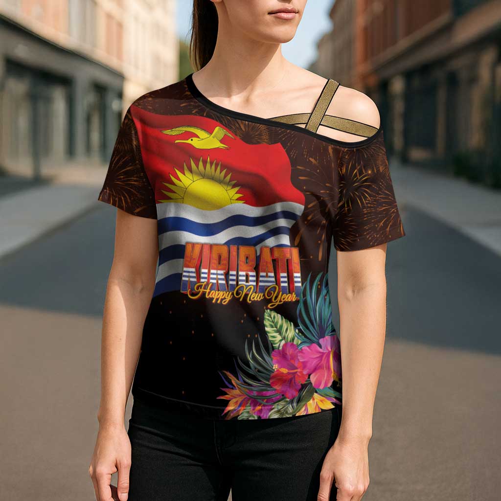Kiribati Flag and Fireworks Cross Shoulder Shirt First Place Welcome the New Year - Polynesian Pride