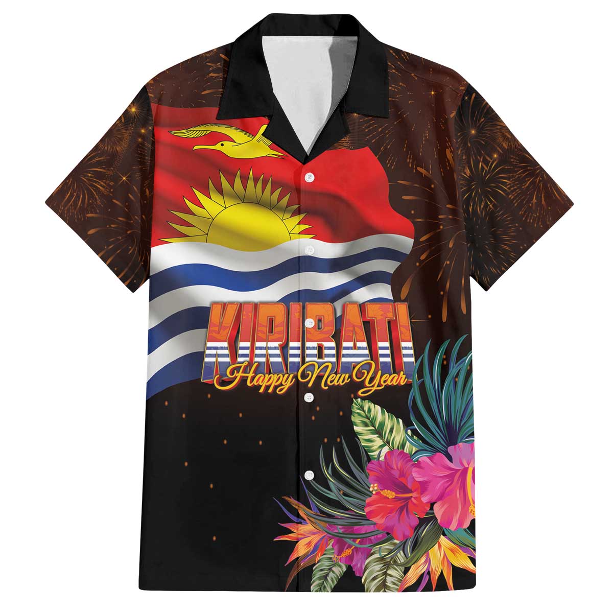 Kiribati Flag and Fireworks Family Matching Off The Shoulder Long Sleeve Dress and Hawaiian Shirt First Place Welcome the New Year - Polynesian Pride