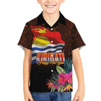 Kiribati Flag and Fireworks Family Matching Off The Shoulder Long Sleeve Dress and Hawaiian Shirt First Place Welcome the New Year - Polynesian Pride