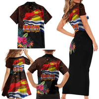 Kiribati Flag and Fireworks Family Matching Short Sleeve Bodycon Dress and Hawaiian Shirt First Place Welcome the New Year - Polynesian Pride
