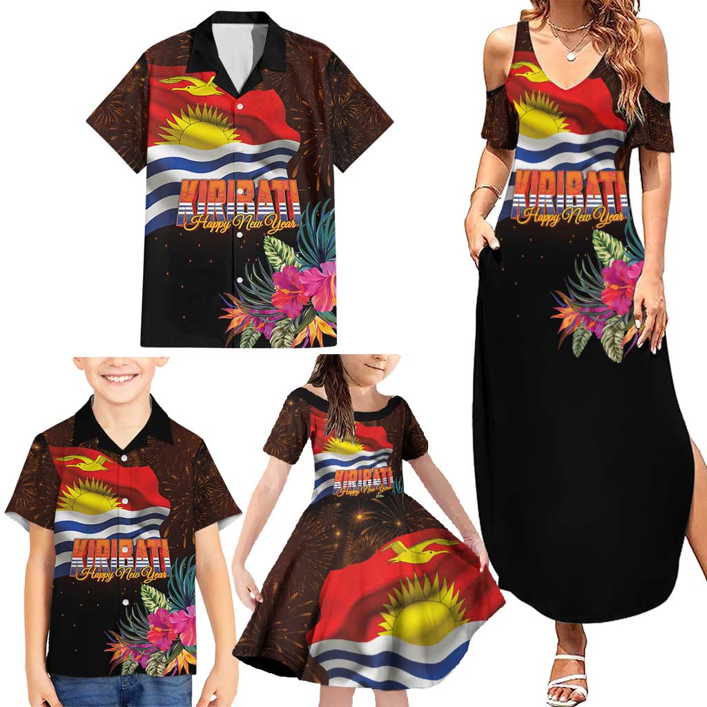 Kiribati Flag and Fireworks Family Matching Summer Maxi Dress and Hawaiian Shirt First Place Welcome the New Year - Polynesian Pride