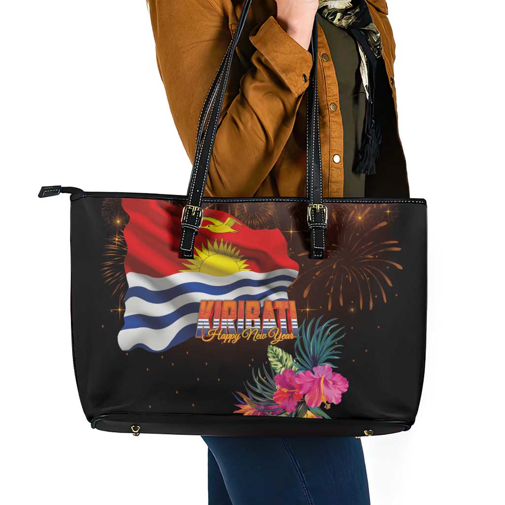 Kiribati Flag and Fireworks Leather Tote Bag First Place Welcome the New Year - Polynesian Pride