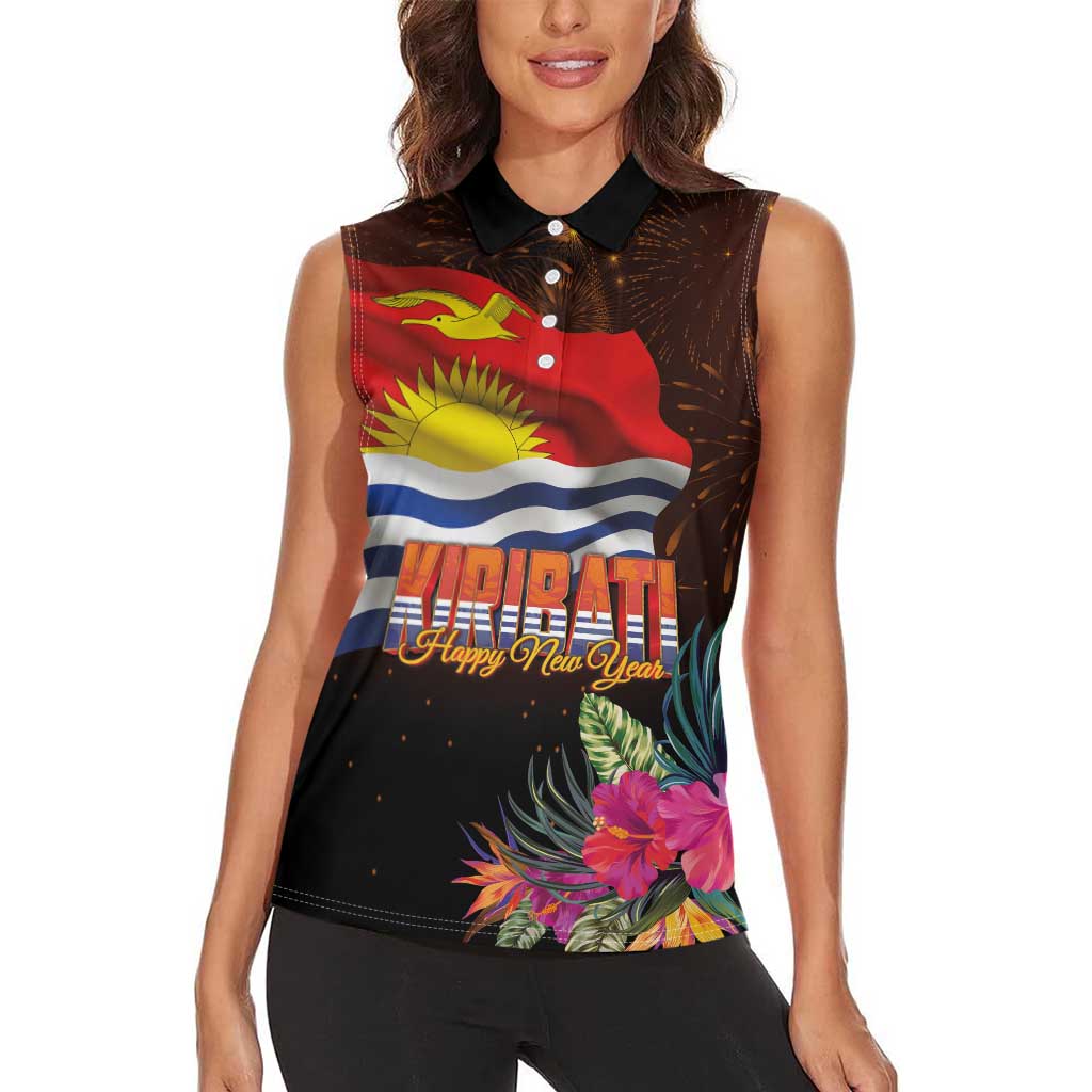 Kiribati Flag and Fireworks Women Sleeveless Polo Shirt First Place Welcome the New Year - Polynesian Pride